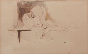 JEAN-LOUIS FORAIN (1852-1931) Woman reclining in a bed sepia, ink and wash, signed lower right 27