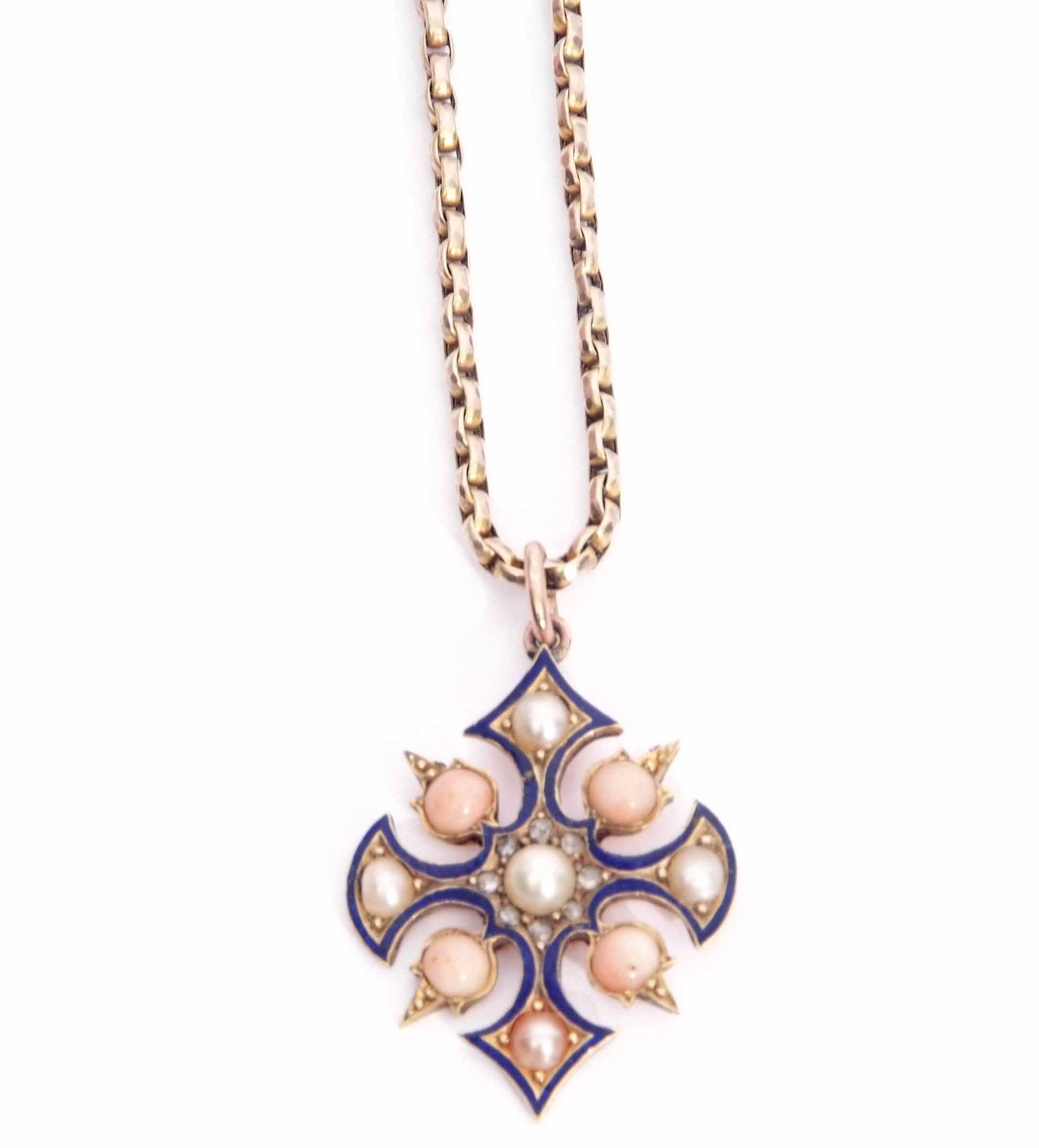 Antique blue enamel, pearl, coral and diamond set cross pendant featuring a central pearl surrounded - Image 5 of 7