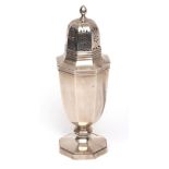 George VI table caster of octagonal form with pierced pull off cover, cast and applied finial and