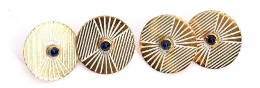 Pair of white enamelled stripe and sapphire cuff links, the circular panels 15mm diam, each set with