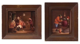 Two European porcelain plaques, each decorated in colours with scenes after Tenniers (rough edges