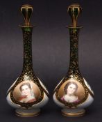 Pair of decorative Venetian glass scent bottles, hexagonal balustered stoppers and the bodies gilded