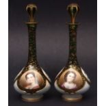 Pair of decorative Venetian glass scent bottles, hexagonal balustered stoppers and the bodies gilded