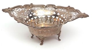 Edward VII small table basket with applied mask and C-scroll border, pierced gallery and raised on