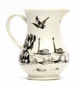 Worcester bell shaped creamer, circa 1756-58, decorated with the boy on a buffalo pattern, workman's