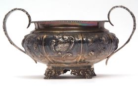 George IV two-handled sugar basin of compressed circular form with applied rim, leaf capped