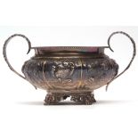 George IV two-handled sugar basin of compressed circular form with applied rim, leaf capped