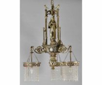 19th Century pre-Raphaelite style silvered bronze three-light chandelier, each of the three scrolled