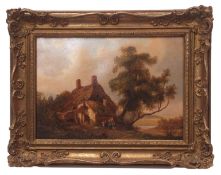ENGLISH SCHOOL (18TH/19TH CENTURY) Figures before a cottage oil on canvas, bears signature R