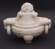 Chinese white jade tripod covered censer, the lid with reticulated dragon finial and three loop