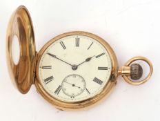 Last quarter of 19th century 18ct gold half hunter lever watch, E Roberts - 28 Portland Rd,