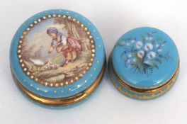 19th century French enamelled rouge pot of hinged circular form, the cover decorated with the