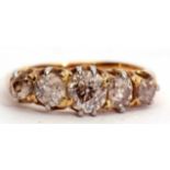 Precious metal graduated five-stone old cut diamond ring, the principal diamond 0.25ct approx,