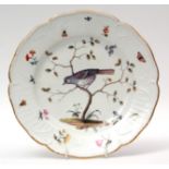 Meissen ornithological plate decorated with a bird on a branch surrounded by butterflies and