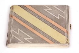 Early 20th century Austrian tri-colour Art Deco silver cigarette case of hinged rectangular form