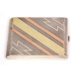 Early 20th century Austrian tri-colour Art Deco silver cigarette case of hinged rectangular form