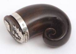 Early 19th century Scottish horn snuff mull of scrolling form with applied white metal mount