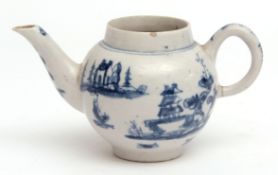 Rare early miniature tea pot circa 1763-64, decorated in tones of pale blue with a pagoda and