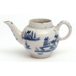 Rare early miniature tea pot circa 1763-64, decorated in tones of pale blue with a pagoda and