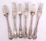 Mixed Lot: three Queens pattern dinner forks with Honeysuckle heel, initialled, length 21cm,