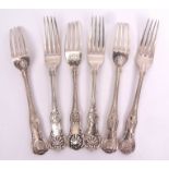 Mixed Lot: three Queens pattern dinner forks with Honeysuckle heel, initialled, length 21cm,