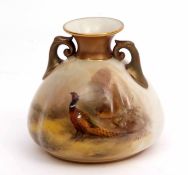 Royal Worcester squat vase, early 20th century, the body decorated with pheasants in a woodland