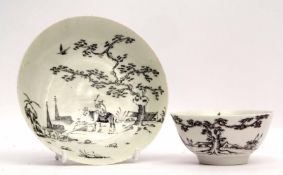 Worcester tea bowl and saucer circa 1756-58 with boy on a buffalo pattern, saucer 12cm (star crack