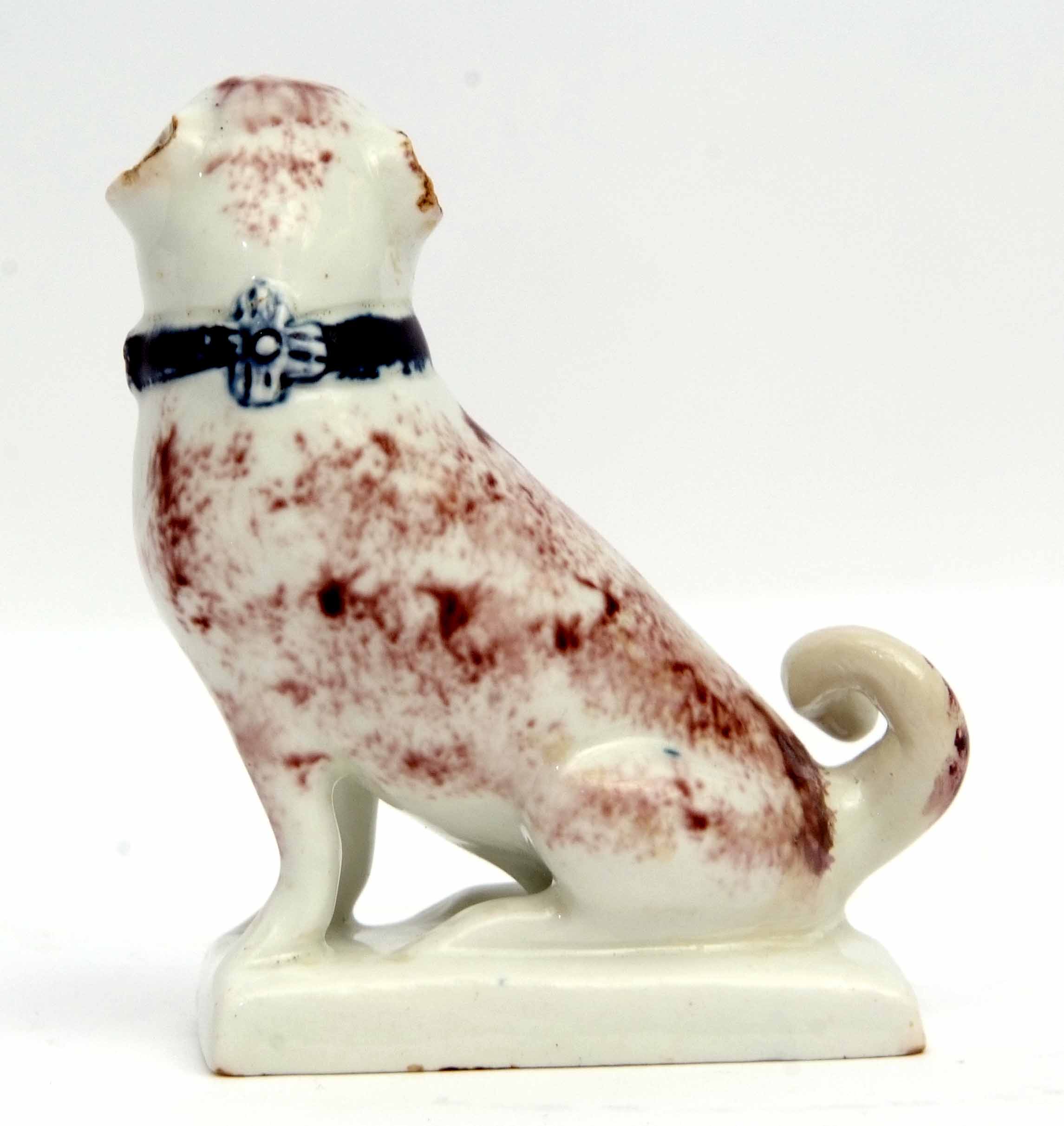 Very rare Lowestoft model of a pug dog, the animal sits on its haunches on a rectangular base, the - Image 2 of 4