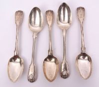 Mixed Lot: five various double struck Fiddle thread and shell table spoons with standard diamond