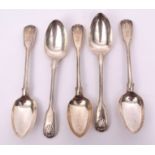 Mixed Lot: five various double struck Fiddle thread and shell table spoons with standard diamond
