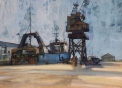 AR MOIRA HUNTLY, RI, PPPS, RWA, RSMA (born 1932) "The Julius Girmundsson Unloading at Hull Docks"