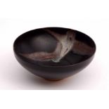 Unusual Chinese Studio Pottery bowl, black glazed with splashed silver type decoration, 15cm diam