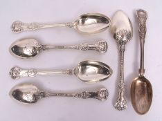 Five Victorian Queens pattern table spoons with Honeysuckle Union heel, length 22cm, London 1887,