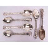 Five Victorian Queens pattern table spoons with Honeysuckle Union heel, length 22cm, London 1887,