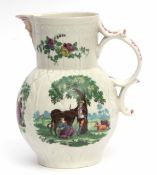 18th century Worcester cabbage leaf mask jug decorated with polychrome prints of Mayday, milkmaids