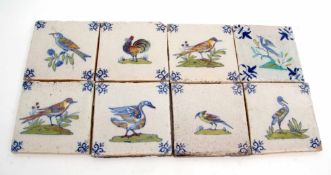 Collection of eight mid-18th century tiles, probably Liverpool, all with polychrome decoration of