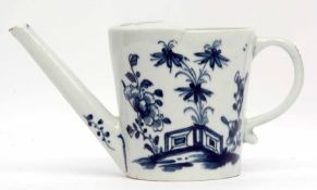 Large Lowestoft feeding cup painted in underglaze blue with a fence a flowering branches, the