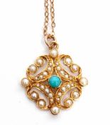 18ct stamped turquoise and seed pearl pendant featuring a circular turquoise within a seed pearl