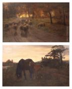 ALFRED ELIAS (act 1885-1911) Horses in gipsy encampment and Shepherd with sheep in country lane