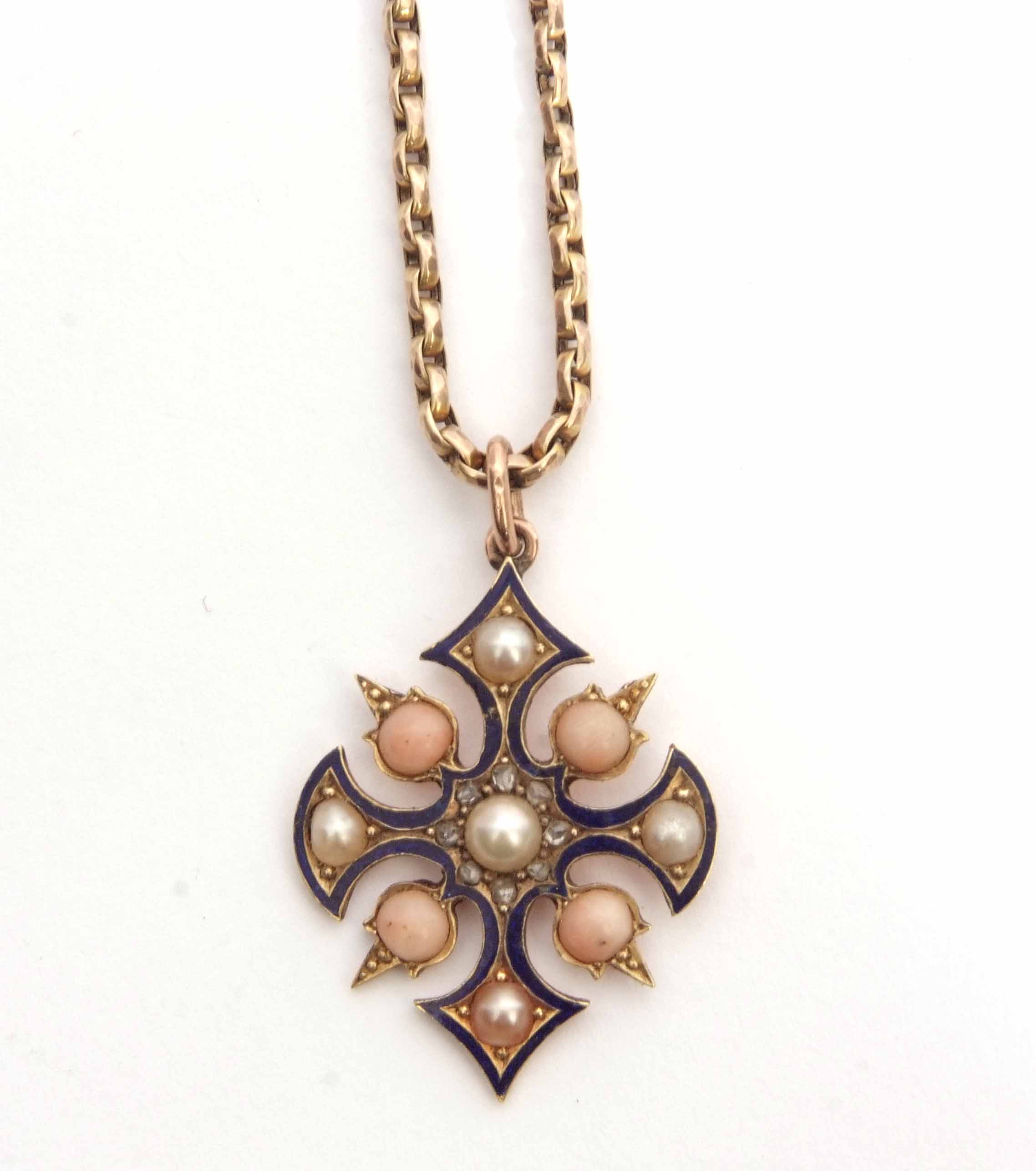 Antique blue enamel, pearl, coral and diamond set cross pendant featuring a central pearl surrounded - Image 7 of 7