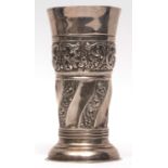 Victorian beaker shaped vase with flared rim and embossed and girdled body on spreading circular