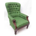 Victorian mahogany gent's chair, slightly swept back, scrolled angled arms joined by a plain apron