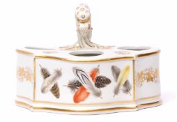 Worcester Barr period ink stand, finely painted with feathers, possibly by William Doe, the handle