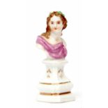 Meissen bust modelled as a classical maiden with green wreath in her hair, indistinct crossed swords