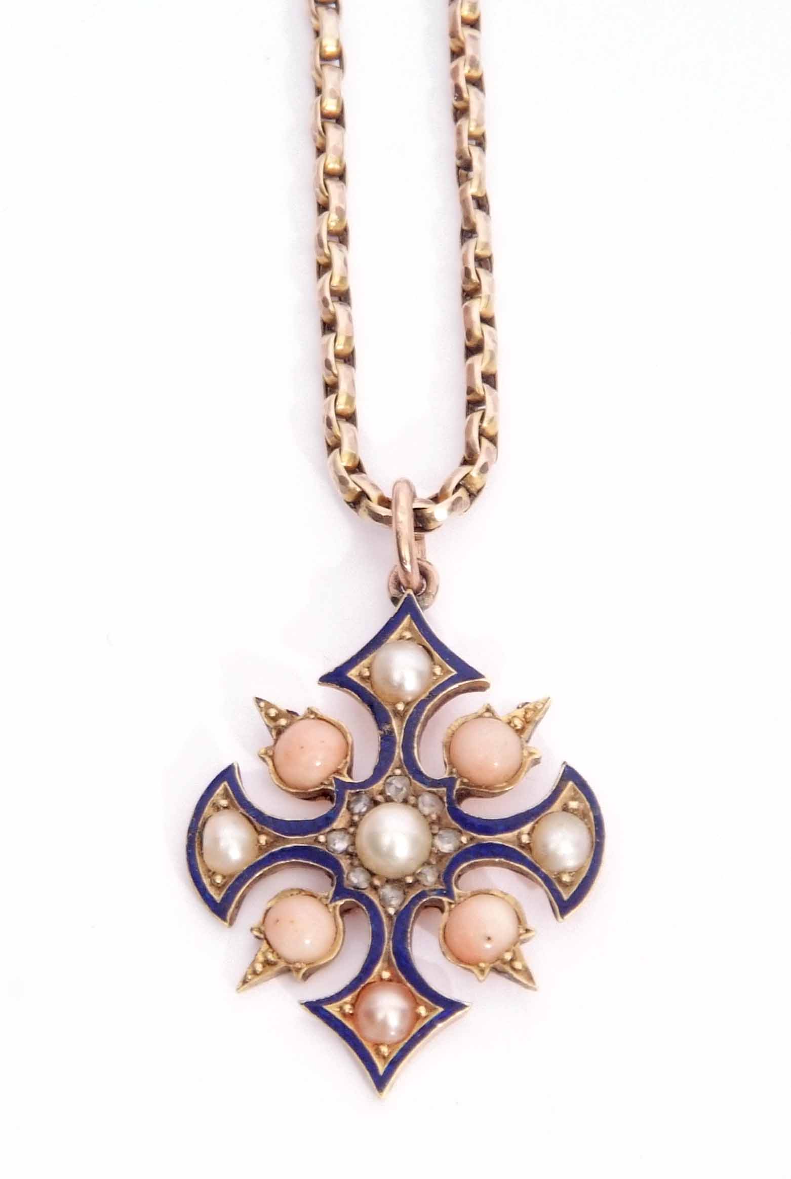 Antique blue enamel, pearl, coral and diamond set cross pendant featuring a central pearl surrounded - Image 4 of 7