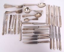 Elizabeth II part flatware service for six comprising three table spoons, six each dessert spoons,