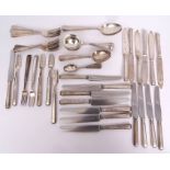 Elizabeth II part flatware service for six comprising three table spoons, six each dessert spoons,