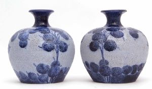 Pair of Florian ware squat globular vases decorated with the Honesty pattern of dark blue plants