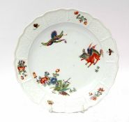 Rare early Meissen plate circa 1735, decorated in enamels with flying fox and crane pattern within a