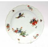 Rare early Meissen plate circa 1735, decorated in enamels with flying fox and crane pattern within a